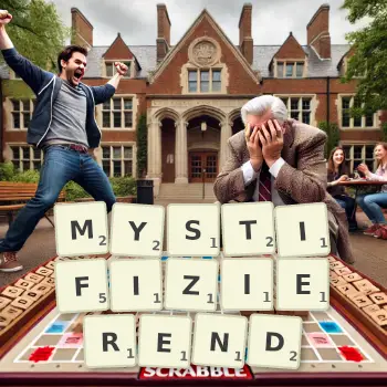 Kreative Illustration für ein Scrabble-Spiel, bei dem das Wort MYSTIFIZIEREND mit Steinen auf dem Brett gelegt wurde.