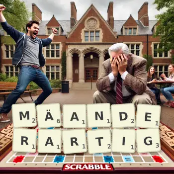 Kreative Illustration für ein Scrabble-Spiel, bei dem das Wort MÄANDERARTIG mit Steinen auf dem Brett gelegt wurde.