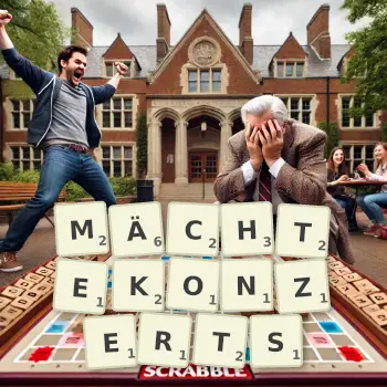 Kreative Illustration für ein Scrabble-Spiel, bei dem das Wort MÄCHTEKONZERTS mit Steinen auf dem Brett gelegt wurde.