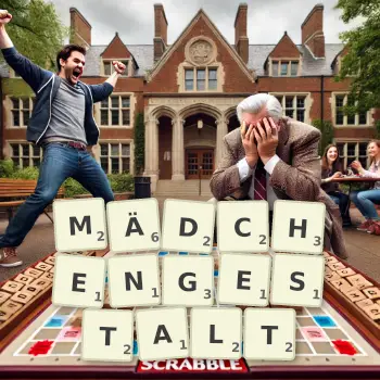 Kreative Illustration für ein Scrabble-Spiel, bei dem das Wort MÄDCHENGESTALT mit Steinen auf dem Brett gelegt wurde.