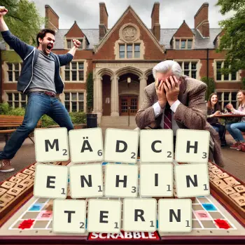 Kreative Illustration für ein Scrabble-Spiel, bei dem das Wort MÄDCHENHINTERN mit Steinen auf dem Brett gelegt wurde.