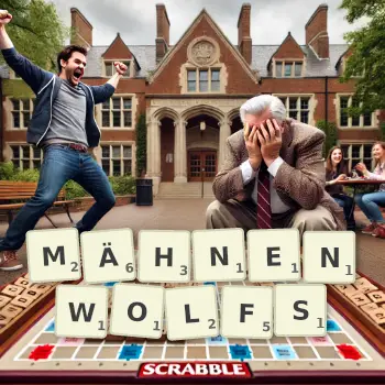 Kreative Illustration für ein Scrabble-Spiel, bei dem das Wort MÄHNENWOLFS mit Steinen auf dem Brett gelegt wurde.