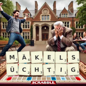 Kreative Illustration für ein Scrabble-Spiel, bei dem das Wort MÄKELSÜCHTIG mit Steinen auf dem Brett gelegt wurde.