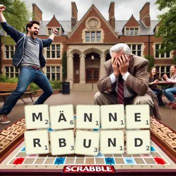 Kreative Illustration für ein Scrabble-Spiel, bei dem das Wort MÄNNERBUND mit Steinen auf dem Brett gelegt wurde.