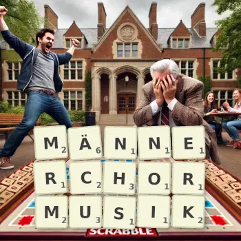 Kreative Illustration für ein Scrabble-Spiel, bei dem das Wort MÄNNERCHORMUSIK mit Steinen auf dem Brett gelegt wurde.