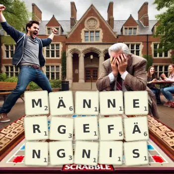 Kreative Illustration für ein Scrabble-Spiel, bei dem das Wort MÄNNERGEFÄNGNIS mit Steinen auf dem Brett gelegt wurde.