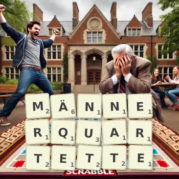Kreative Illustration für ein Scrabble-Spiel, bei dem das Wort MÄNNERQUARTETTE mit Steinen auf dem Brett gelegt wurde.
