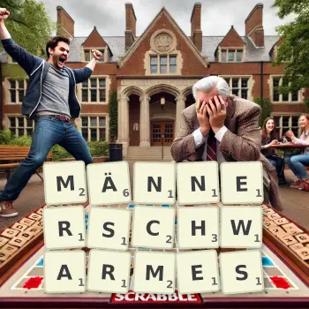 Kreative Illustration für ein Scrabble-Spiel, bei dem das Wort MÄNNERSCHWARMES mit Steinen auf dem Brett gelegt wurde.