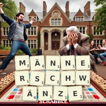 Kreative Illustration für ein Scrabble-Spiel, bei dem das Wort MÄNNERSCHWÄNZE mit Steinen auf dem Brett gelegt wurde.