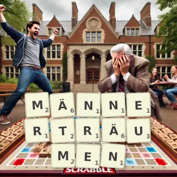 Kreative Illustration für ein Scrabble-Spiel, bei dem das Wort MÄNNERTRÄUMEN mit Steinen auf dem Brett gelegt wurde.