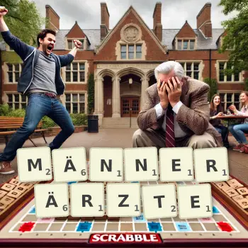 Kreative Illustration für ein Scrabble-Spiel, bei dem das Wort MÄNNERÄRZTE mit Steinen auf dem Brett gelegt wurde.