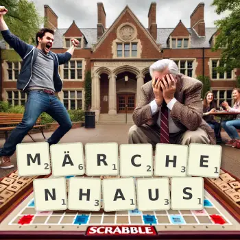 Kreative Illustration für ein Scrabble-Spiel, bei dem das Wort MÄRCHENHAUS mit Steinen auf dem Brett gelegt wurde.
