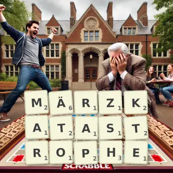 Kreative Illustration für ein Scrabble-Spiel, bei dem das Wort MÄRZKATASTROPHE mit Steinen auf dem Brett gelegt wurde.