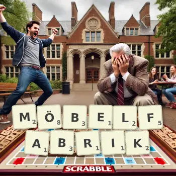 Kreative Illustration für ein Scrabble-Spiel, bei dem das Wort MÖBELFABRIK mit Steinen auf dem Brett gelegt wurde.