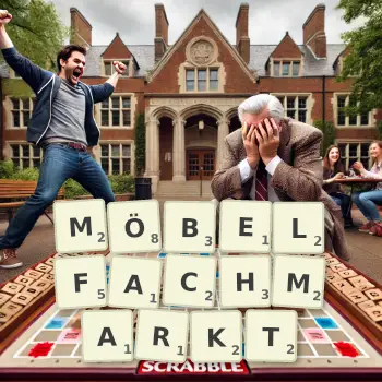 Kreative Illustration für ein Scrabble-Spiel, bei dem das Wort MÖBELFACHMARKT mit Steinen auf dem Brett gelegt wurde.