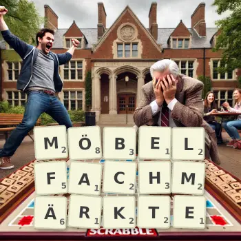 Kreative Illustration für ein Scrabble-Spiel, bei dem das Wort MÖBELFACHMÄRKTE mit Steinen auf dem Brett gelegt wurde.