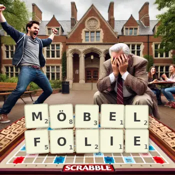 Kreative Illustration für ein Scrabble-Spiel, bei dem das Wort MÖBELFOLIE mit Steinen auf dem Brett gelegt wurde.