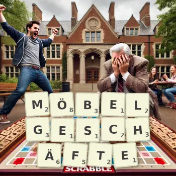 Kreative Illustration für ein Scrabble-Spiel, bei dem das Wort MÖBELGESCHÄFTE mit Steinen auf dem Brett gelegt wurde.