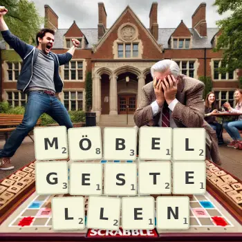 Kreative Illustration für ein Scrabble-Spiel, bei dem das Wort MÖBELGESTELLEN mit Steinen auf dem Brett gelegt wurde.
