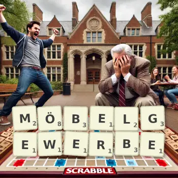 Kreative Illustration für ein Scrabble-Spiel, bei dem das Wort MÖBELGEWERBE mit Steinen auf dem Brett gelegt wurde.