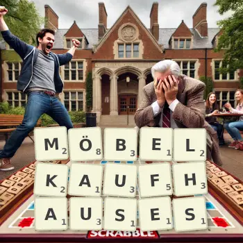 Kreative Illustration für ein Scrabble-Spiel, bei dem das Wort MÖBELKAUFHAUSES mit Steinen auf dem Brett gelegt wurde.