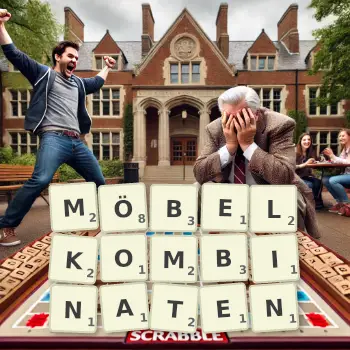 Kreative Illustration für ein Scrabble-Spiel, bei dem das Wort MÖBELKOMBINATEN mit Steinen auf dem Brett gelegt wurde.
