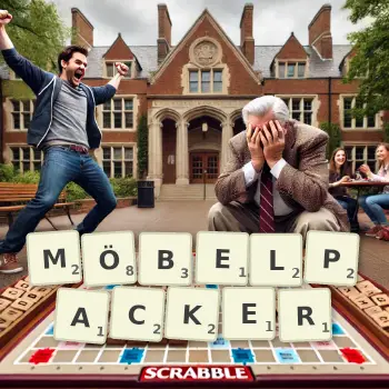 Kreative Illustration für ein Scrabble-Spiel, bei dem das Wort MÖBELPACKER mit Steinen auf dem Brett gelegt wurde.