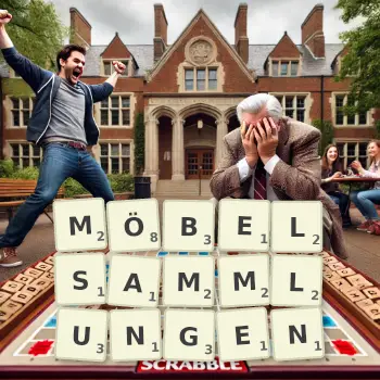 Kreative Illustration für ein Scrabble-Spiel, bei dem das Wort MÖBELSAMMLUNGEN mit Steinen auf dem Brett gelegt wurde.