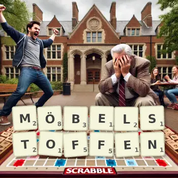 Kreative Illustration für ein Scrabble-Spiel, bei dem das Wort MÖBELSTOFFEN mit Steinen auf dem Brett gelegt wurde.