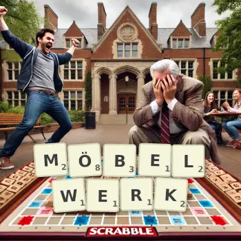 Kreative Illustration für ein Scrabble-Spiel, bei dem das Wort MÖBELWERK mit Steinen auf dem Brett gelegt wurde.