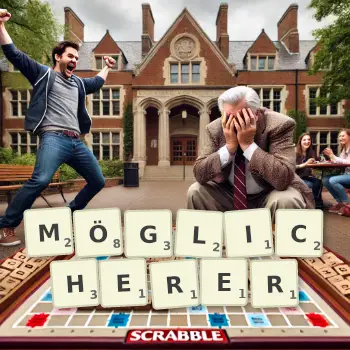 Kreative Illustration für ein Scrabble-Spiel, bei dem das Wort MÖGLICHERER mit Steinen auf dem Brett gelegt wurde.
