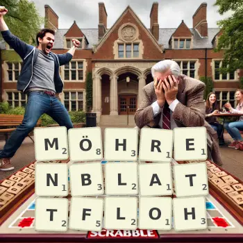 Kreative Illustration für ein Scrabble-Spiel, bei dem das Wort MÖHRENBLATTFLOH mit Steinen auf dem Brett gelegt wurde.
