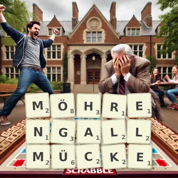 Kreative Illustration für ein Scrabble-Spiel, bei dem das Wort MÖHRENGALLMÜCKE mit Steinen auf dem Brett gelegt wurde.