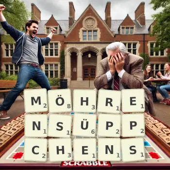 Kreative Illustration für ein Scrabble-Spiel, bei dem das Wort MÖHRENSÜPPCHENS mit Steinen auf dem Brett gelegt wurde.