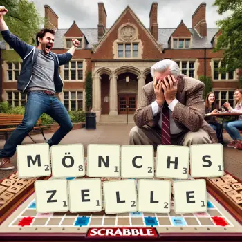 Kreative Illustration für ein Scrabble-Spiel, bei dem das Wort MÖNCHSZELLE mit Steinen auf dem Brett gelegt wurde.
