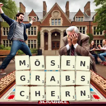 Kreative Illustration für ein Scrabble-Spiel, bei dem das Wort MÖSENGRABSCHERN mit Steinen auf dem Brett gelegt wurde.