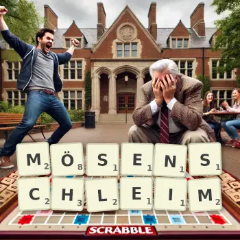 Kreative Illustration für ein Scrabble-Spiel, bei dem das Wort MÖSENSCHLEIM mit Steinen auf dem Brett gelegt wurde.
