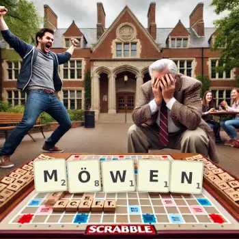 Kreative Illustration für ein Scrabble-Spiel, bei dem das Wort MÖWEN mit Steinen auf dem Brett gelegt wurde.