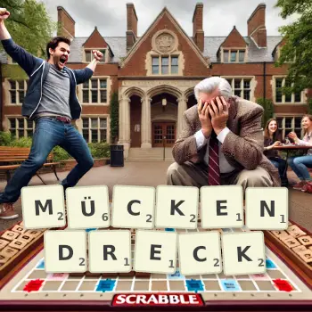 Kreative Illustration für ein Scrabble-Spiel, bei dem das Wort MÜCKENDRECK mit Steinen auf dem Brett gelegt wurde.