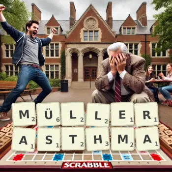 Kreative Illustration für ein Scrabble-Spiel, bei dem das Wort MÜLLERASTHMA mit Steinen auf dem Brett gelegt wurde.