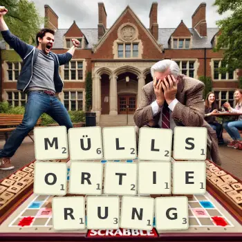 Kreative Illustration für ein Scrabble-Spiel, bei dem das Wort MÜLLSORTIERUNG mit Steinen auf dem Brett gelegt wurde.