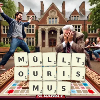 Kreative Illustration für ein Scrabble-Spiel, bei dem das Wort MÜLLTOURISMUS mit Steinen auf dem Brett gelegt wurde.