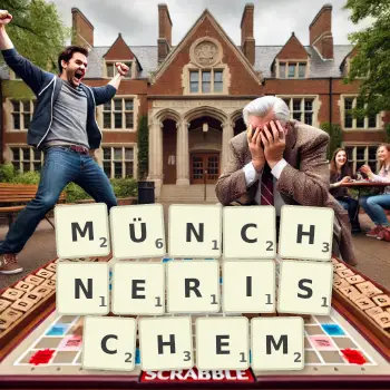 Kreative Illustration für ein Scrabble-Spiel, bei dem das Wort MÜNCHNERISCHEM mit Steinen auf dem Brett gelegt wurde.