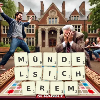 Kreative Illustration für ein Scrabble-Spiel, bei dem das Wort MÜNDELSICHEREM mit Steinen auf dem Brett gelegt wurde.