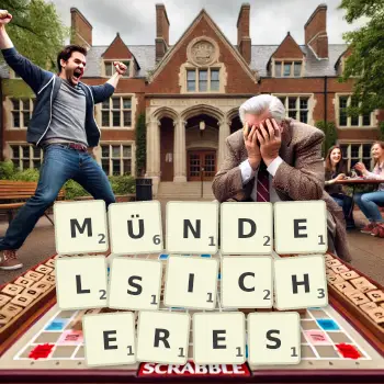Kreative Illustration für ein Scrabble-Spiel, bei dem das Wort MÜNDELSICHERES mit Steinen auf dem Brett gelegt wurde.