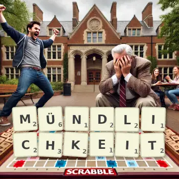 Kreative Illustration für ein Scrabble-Spiel, bei dem das Wort MÜNDLICHKEIT mit Steinen auf dem Brett gelegt wurde.