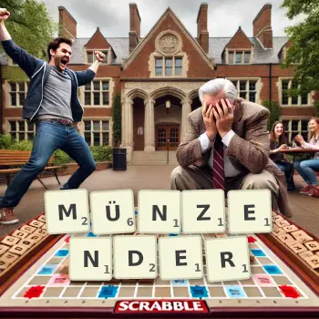 Kreative Illustration für ein Scrabble-Spiel, bei dem das Wort MÜNZENDER mit Steinen auf dem Brett gelegt wurde.
