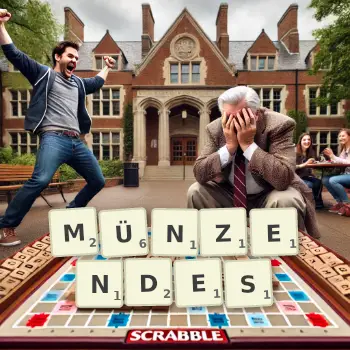 Kreative Illustration für ein Scrabble-Spiel, bei dem das Wort MÜNZENDES mit Steinen auf dem Brett gelegt wurde.