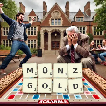 Kreative Illustration für ein Scrabble-Spiel, bei dem das Wort MÜNZGOLD mit Steinen auf dem Brett gelegt wurde.