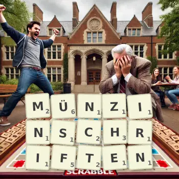 Kreative Illustration für ein Scrabble-Spiel, bei dem das Wort MÜNZINSCHRIFTEN mit Steinen auf dem Brett gelegt wurde.